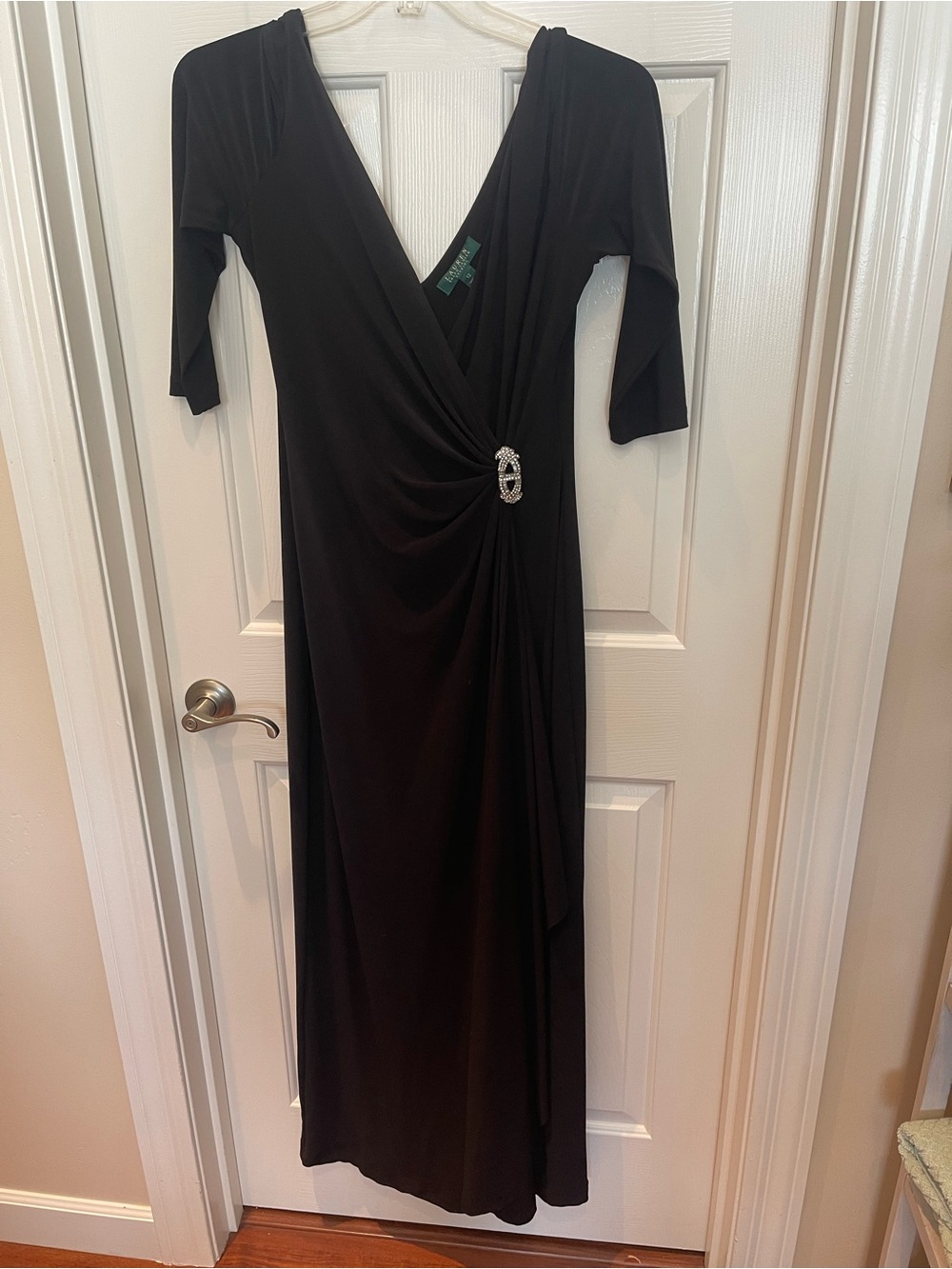 Ralph Lauren Black Long-Sleeve V-Neck Evening Gown with Side Brooch - Picture 3 of 13